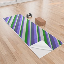 [ Thumbnail: Green, Light Gray, Medium Slate Blue, and Dark Slate Blue Colored Striped Pattern Yoga Towel ]