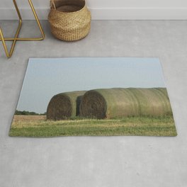 Kansas Hay Bales in a Field Rug | Roundbales, Photo, Blue, Field, Horizon, Digital, Kansas, Landscape, Closeup, Grass 