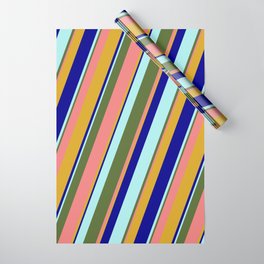 [ Thumbnail: Colorful Dark Olive Green, Light Coral, Goldenrod, Dark Blue, and Turquoise Colored Lined Pattern Wrapping Paper ]