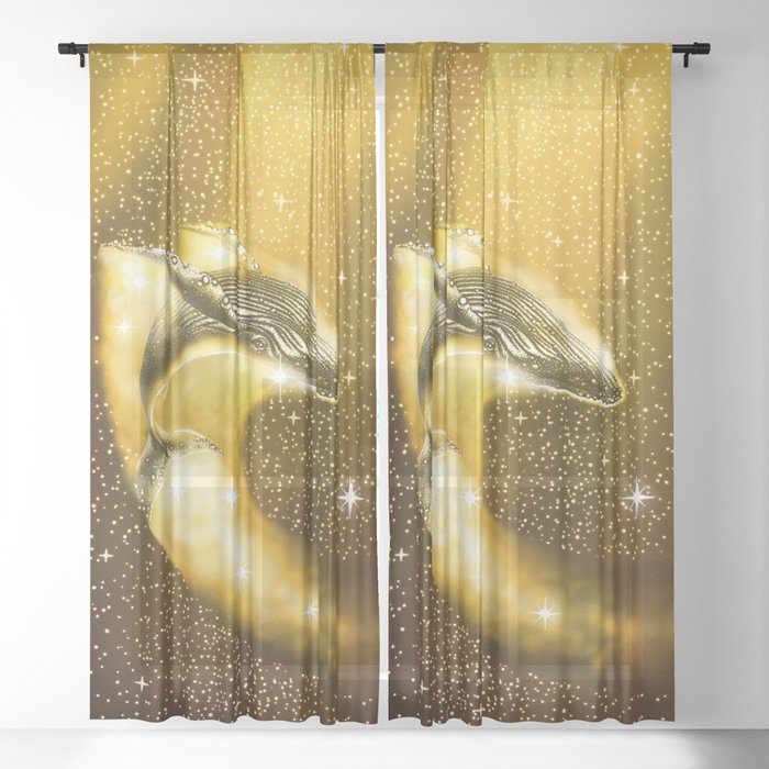 starry whale in golden space Sheer Curtain