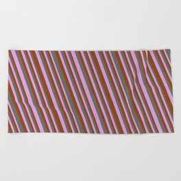 [ Thumbnail: Dim Gray, Plum & Brown Colored Stripes Pattern Beach Towel ]