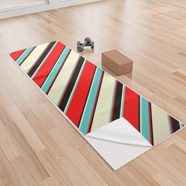 [ Thumbnail: Red, Turquoise, Light Yellow & Black Colored Lined/Striped Pattern Yoga Towel ]