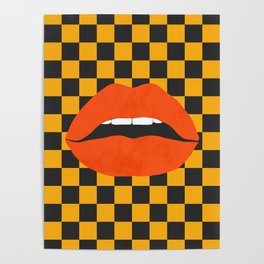 Funky pop-art sexy lips,  black yellow check. Poster