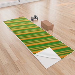 [ Thumbnail: Dark Orange & Green Colored Stripes Pattern Yoga Towel ]