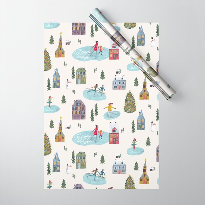 Skating retro winter snow landscape Wrapping Paper