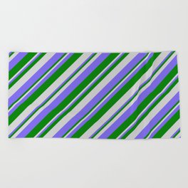 [ Thumbnail: Light Gray, Medium Slate Blue & Green Colored Lines/Stripes Pattern Beach Towel ]