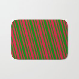 [ Thumbnail: Green and Crimson Colored Lined/Striped Pattern Bath Mat ]