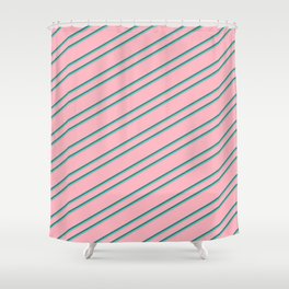 [ Thumbnail: Light Pink, Dim Gray & Turquoise Colored Stripes/Lines Pattern Shower Curtain ]