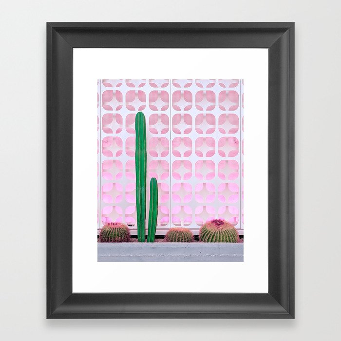 Mexican Fence Post and Barrel Cactus with Mid-Century Background Pattern Framed Art Print