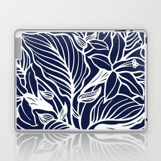 Navy Blue Tropical Botanical Floral Minimalist Line Drawing Matisse-inspired   Laptop & iPad Skin