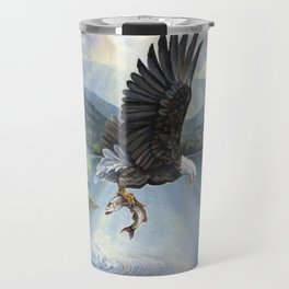 Eagle with Fish Travel Mug | Landscape, Brown, Wildlife, Eagle, Acrylic, Blue, Mountains, Lake, Sky, Sunset 
