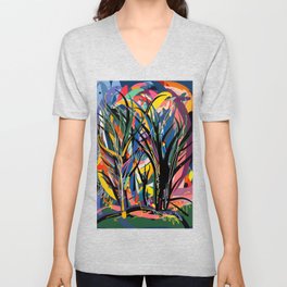 Trees in the Night Landscape Abstract Art Expressionism V Neck T Shirt