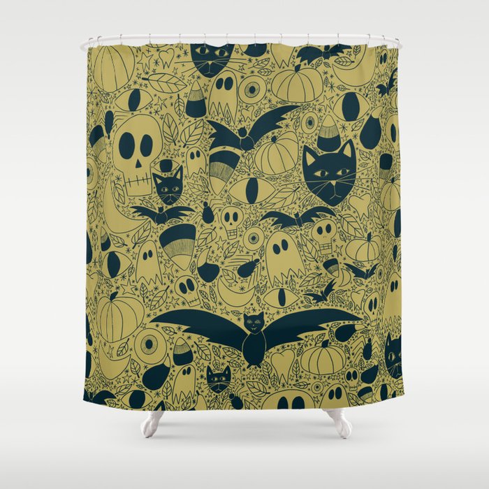 Spooky Season Pattern - Dark Green & Mustard Yellow Shower Curtain