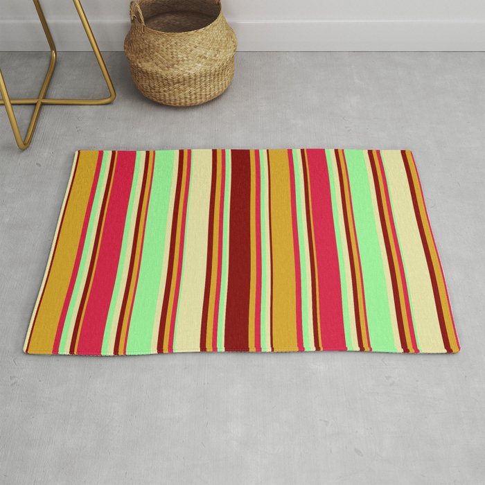 Colorful Goldenrod, Maroon, Pale Goldenrod, Green, and Crimson Colored Lined Pattern Rug