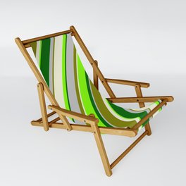 [ Thumbnail: Vibrant Beige, Chartreuse, Dark Green, Grey, and Green Colored Lined Pattern Sling Chair ]