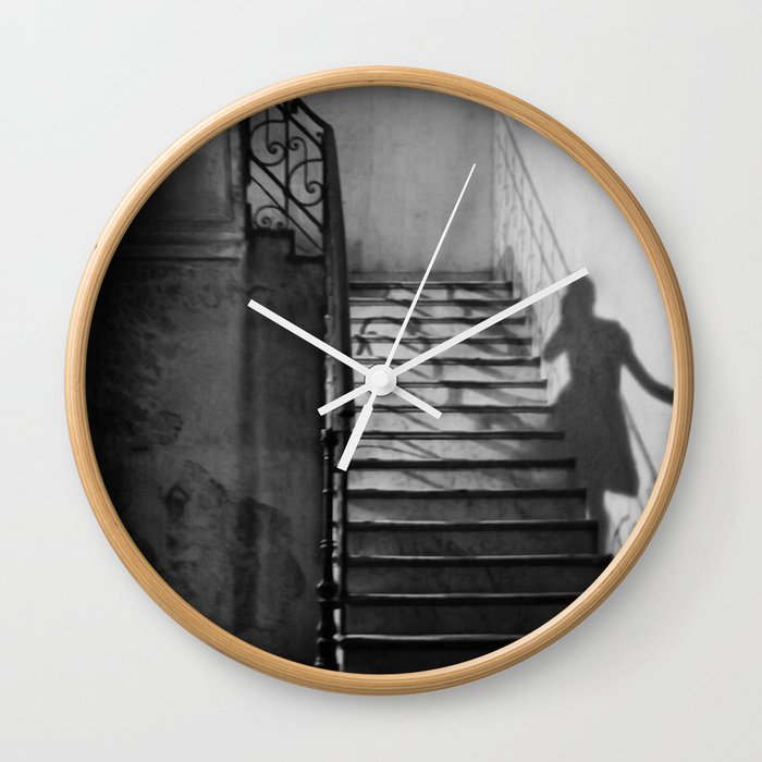 Ghosts and shadows of Paris lonely female shadow figure walking up stairs black and white photograph, photograhy, photographs Wall Clock