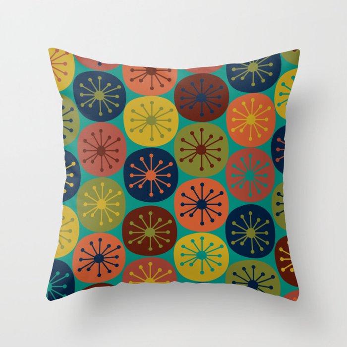 Atomic Dots Midcentury Modern Pattern in Mid Mod Mustard, Olive, Orange, Blue, and Turquoise Teal Throw Pillow