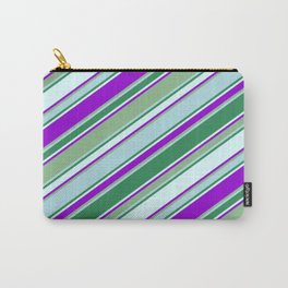 [ Thumbnail: Vibrant Dark Sea Green, Powder Blue, Sea Green, Light Cyan & Dark Violet Colored Lines Pattern Carry-All Pouch ]