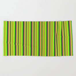 [ Thumbnail: Chartreuse, Coral, and Dark Slate Gray Colored Lines/Stripes Pattern Beach Towel ]