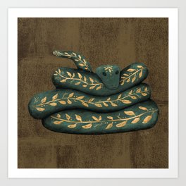 Curled Green Snake with gold designs on camel color  Art Print | Scales, Leafy, Cold, Green, Camel, Acrylic, Gold, Modern, Drawing, Boho 