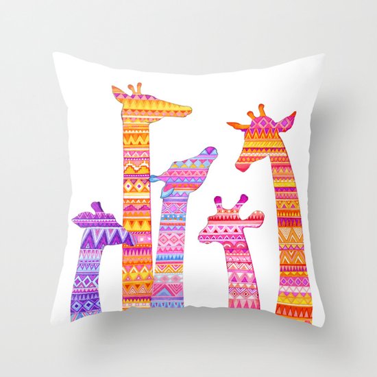 Giraffe Silhouettes in Colorful Tribal Print Throw Pillow