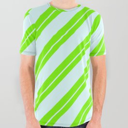 [ Thumbnail: Green and Light Cyan Colored Striped/Lined Pattern All Over Graphic Tee ]