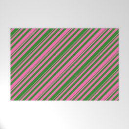 [ Thumbnail: Hot Pink and Forest Green Colored Stripes Pattern Welcome Mat ]
