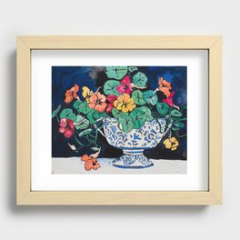 Nasturtium Bouquet in Chinoiserie Bowl on Dark Blue Floral Still Life Painting Recessed Framed Print