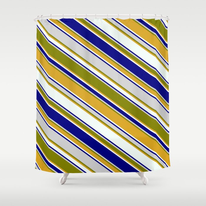 Colorful Light Gray, Green, Goldenrod, Mint Cream, and Blue Colored Pattern of Stripes Shower Curtain