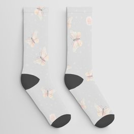 Watercolor Butterflies and Fairy Dust on Pastel Silver Grey Socks
