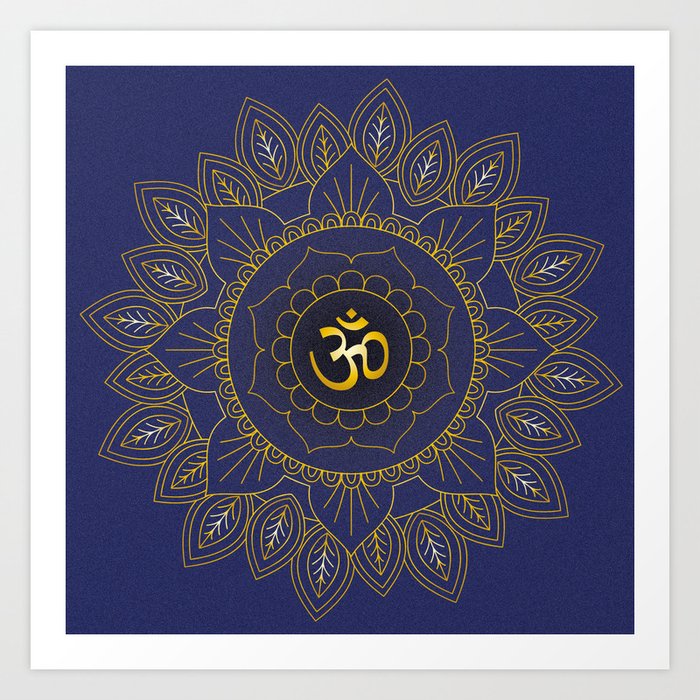 Om Symbol and Mandala in Spiritual Gold Purple Blue Violet Art Print