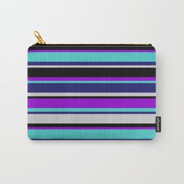 [ Thumbnail: Colorful Dark Violet, Turquoise, Midnight Blue, Light Gray & Black Colored Striped/Lined Pattern Carry-All Pouch ]