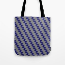 [ Thumbnail: Gray & Midnight Blue Colored Lined Pattern Tote Bag ]