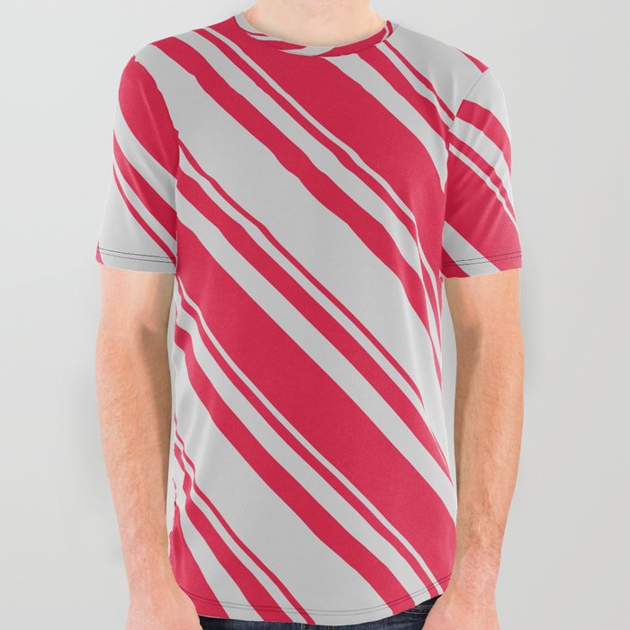 Light Grey and Crimson Colored Lines/Stripes Pattern All Over Graphic Tee
