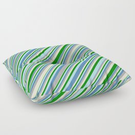 [ Thumbnail: Eye-catching Blue, Dark Gray, Light Yellow, Green, and Powder Blue Colored Lined Pattern Floor Pillow ]