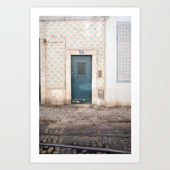 Portuguese Tiles | Dark Green Door | Alfama Lisbon Art Print