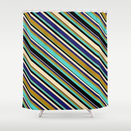 [ Thumbnail: Vibrant Dark Goldenrod, Turquoise, Black, Beige & Midnight Blue Colored Lines Pattern Shower Curtain ]