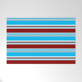 [ Thumbnail: Powder Blue, Deep Sky Blue, Light Cyan & Dark Red Colored Stripes Pattern Welcome Mat ]