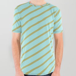 [ Thumbnail: Turquoise and Dark Khaki Colored Striped Pattern All Over Graphic Tee ]