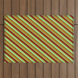 [ Thumbnail: Green, Maroon, and Dark Goldenrod Colored Lines/Stripes Pattern Outdoor Rug ]
