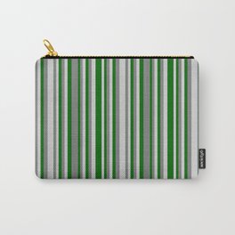 [ Thumbnail: Grey, Light Grey & Dark Green Colored Striped Pattern Carry-All Pouch ]