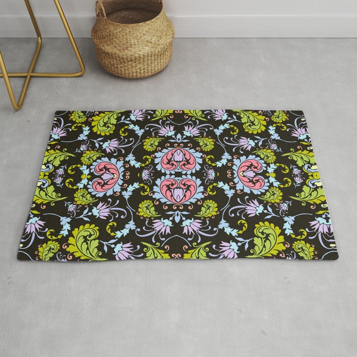 bright green and black bold paisley flower bohemian  Rug