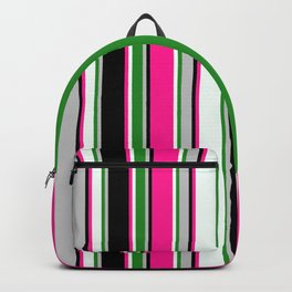 [ Thumbnail: Eyecatching Grey, Forest Green, Mint Cream, Deep Pink, and Black Colored Pattern of Stripes Backpack ]