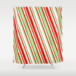 [ Thumbnail: Red, Green & White Colored Striped/Lined Pattern Shower Curtain ]