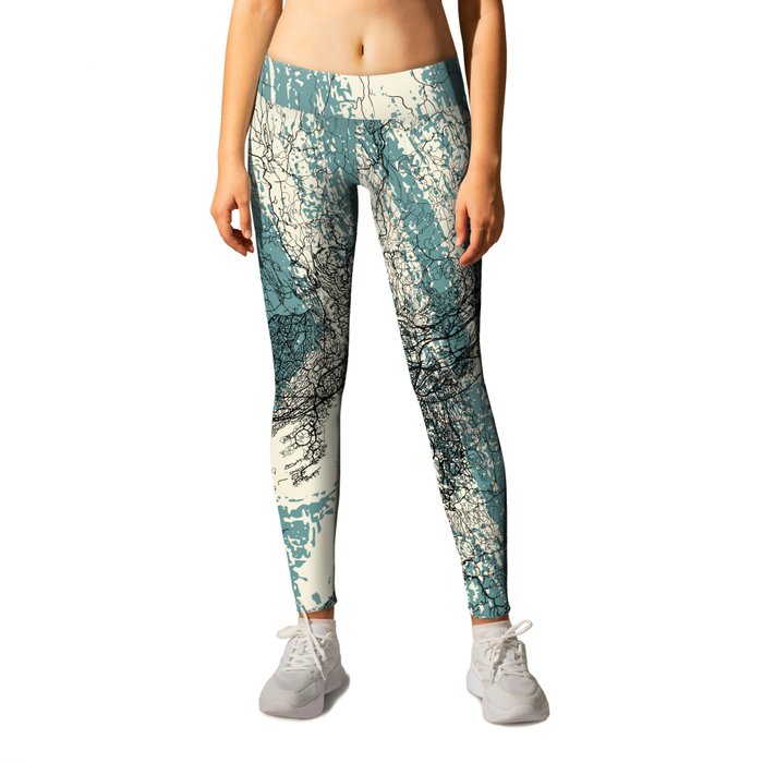 Norway, Oslo - Illustrated Map Drawing - Monochrome Leggings
