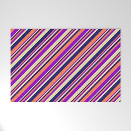 [ Thumbnail: Coral, Dark Violet, Pale Goldenrod, and Midnight Blue Colored Lined/Striped Pattern Welcome Mat ]