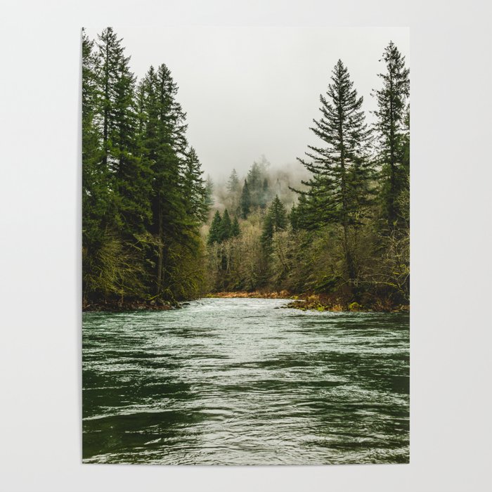 Wanderlust Forest River - Mountain Adventure in Foggy Woods Poster