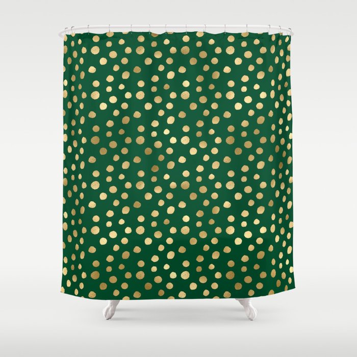 Emerald Green Gold Spots Pattern Shower Curtain