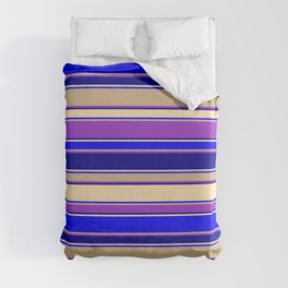 [ Thumbnail: Colorful Dark Orchid, Dark Blue, Beige, Blue & Tan Colored Striped Pattern Duvet Cover ]