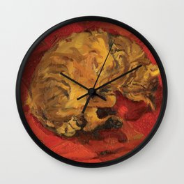 Tabby Cat Sleeping Animal Oil Painting in Vibrant Red Brown Yellow Impressionist Bright Colour Wall Clock
